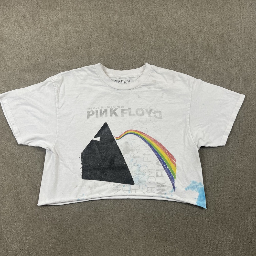 Pink Floyd Dark Side Of The Moon Shirt Womens L White Crop Graphic Band Tee Dist